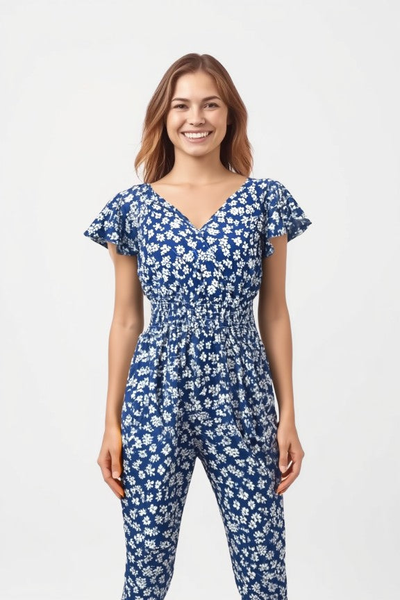 Women's floral print jumpsuit in blue with short sleeves and shirred waist