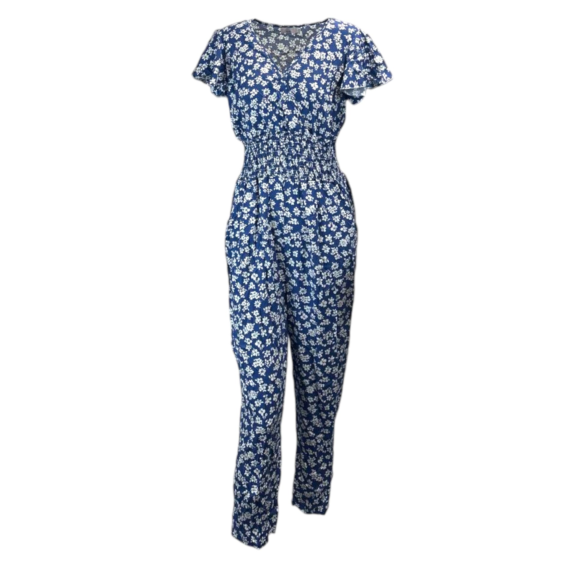 Women's floral print jumpsuit in blue with short sleeves and shirred waist