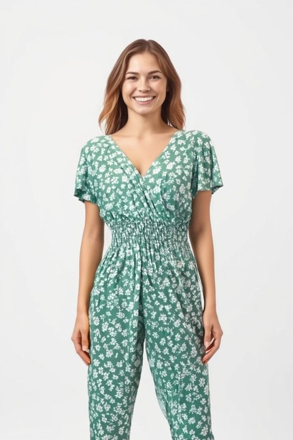 Women's floral print jumpsuit in green with short sleeves and shirred waist