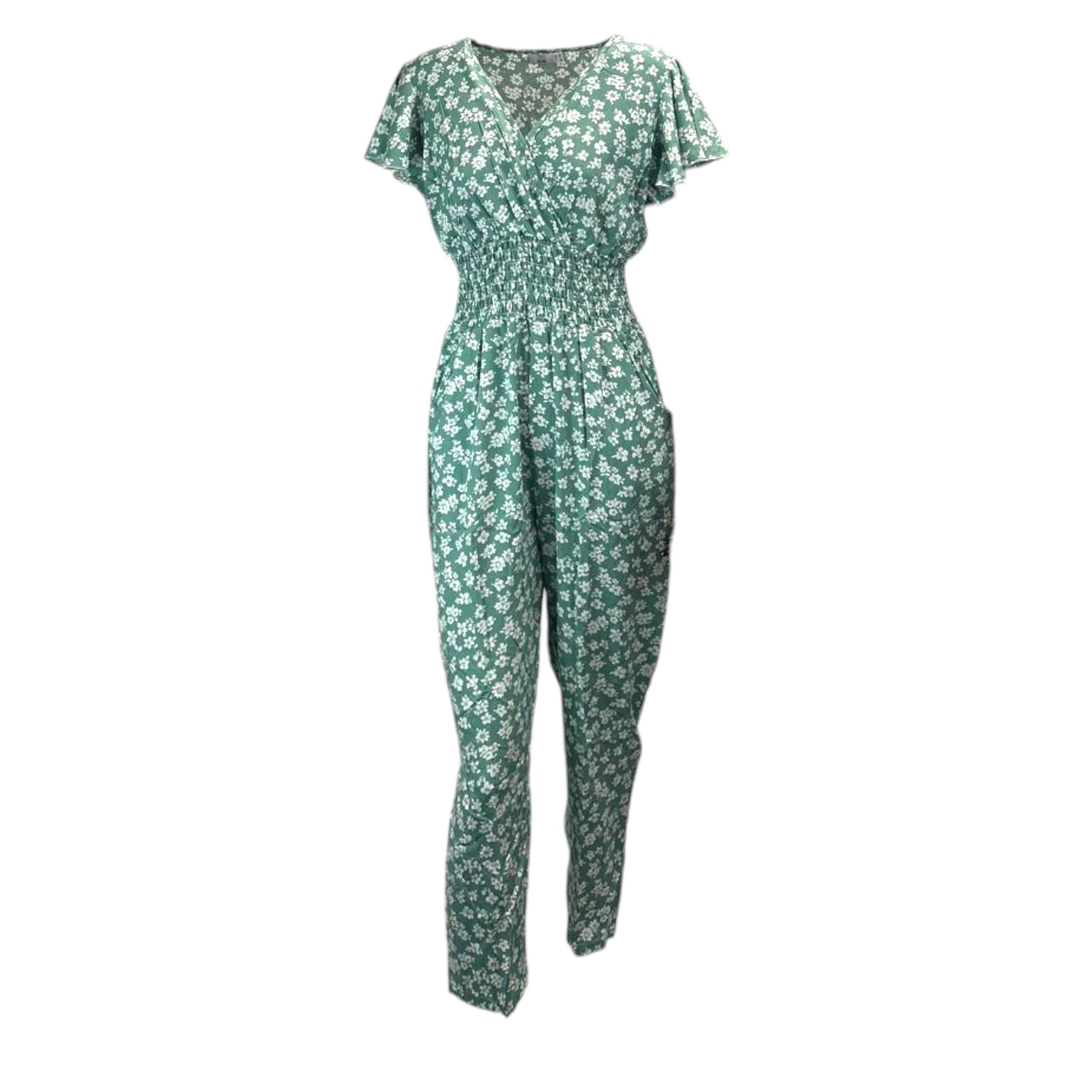 Women's floral print jumpsuit in green with short sleeves and shirred waist