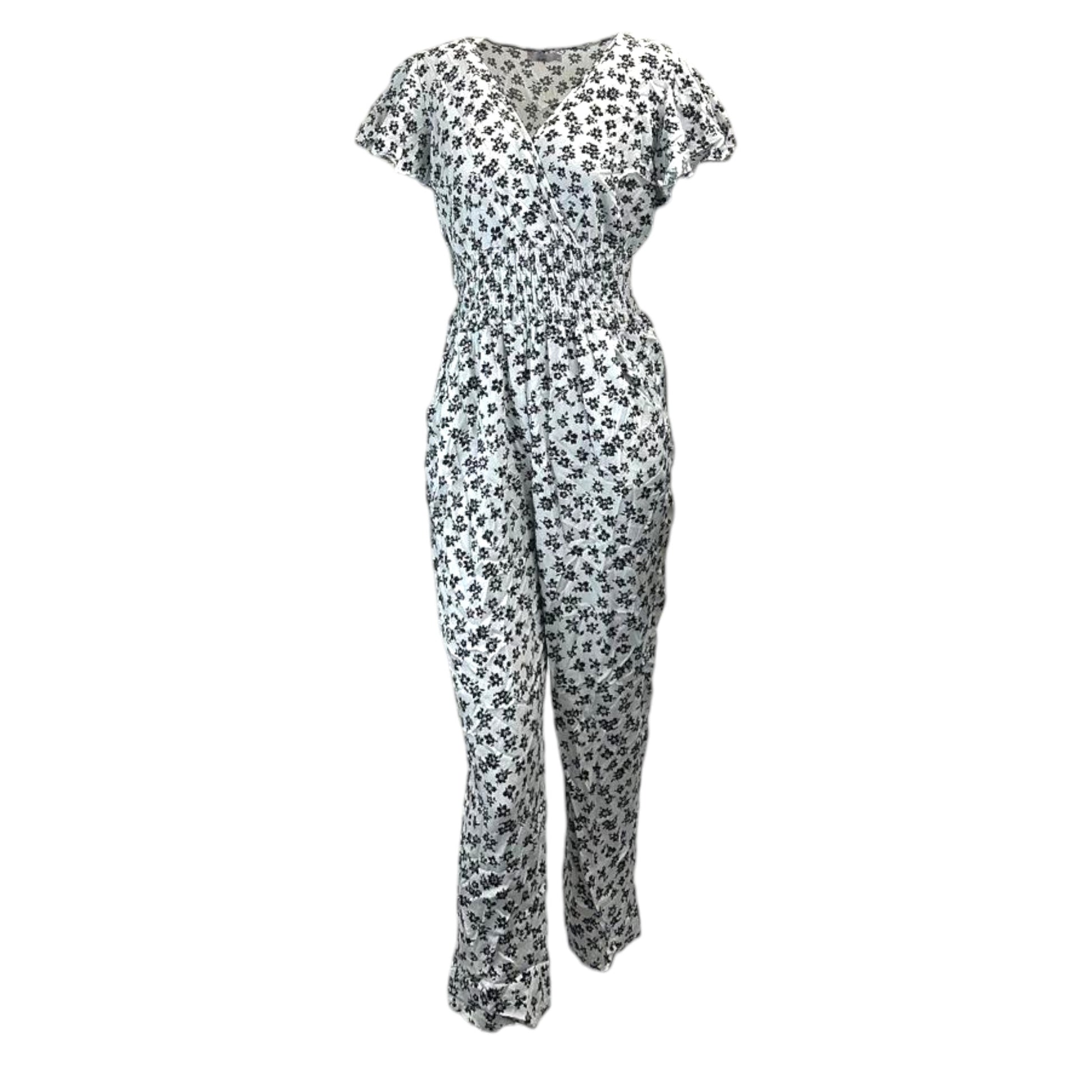 Women's floral print jumpsuit in white with short sleeves and shirred waist
