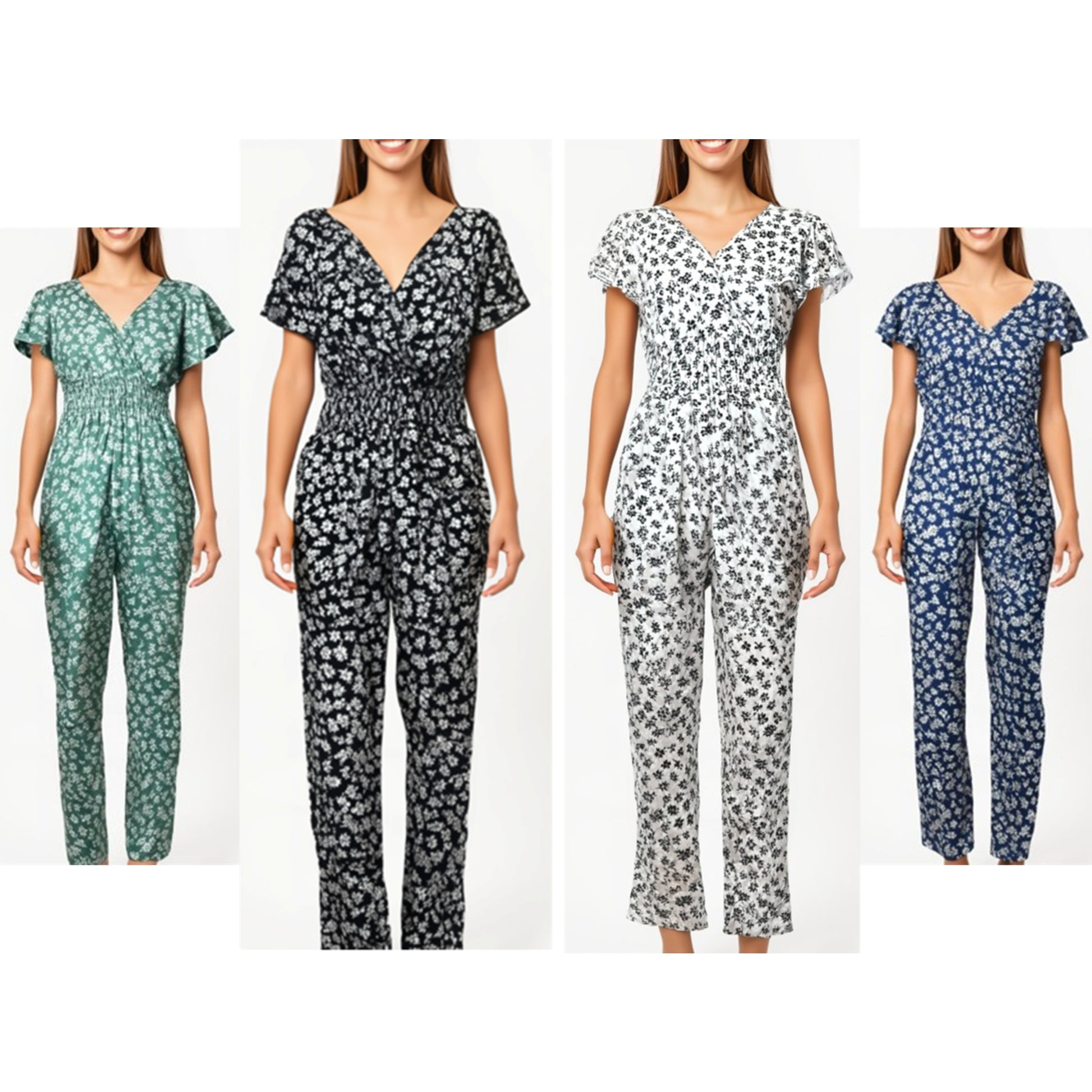 Women's floral print jumpsuits in green, black, white, and navy blue with short sleeves and shirred waist