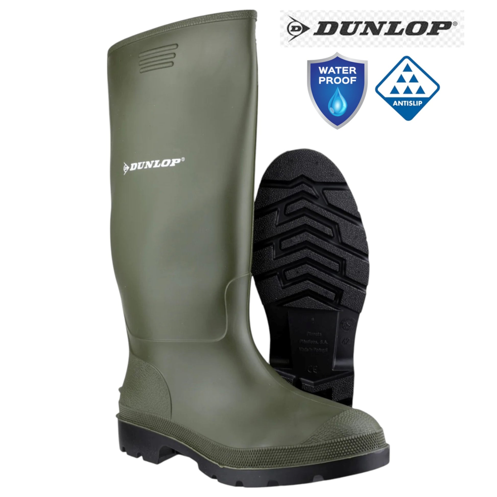 Men's Dunlop green waterproof wellington boots with anti-slip sole – durable outdoor footwear for farm, garden, or work