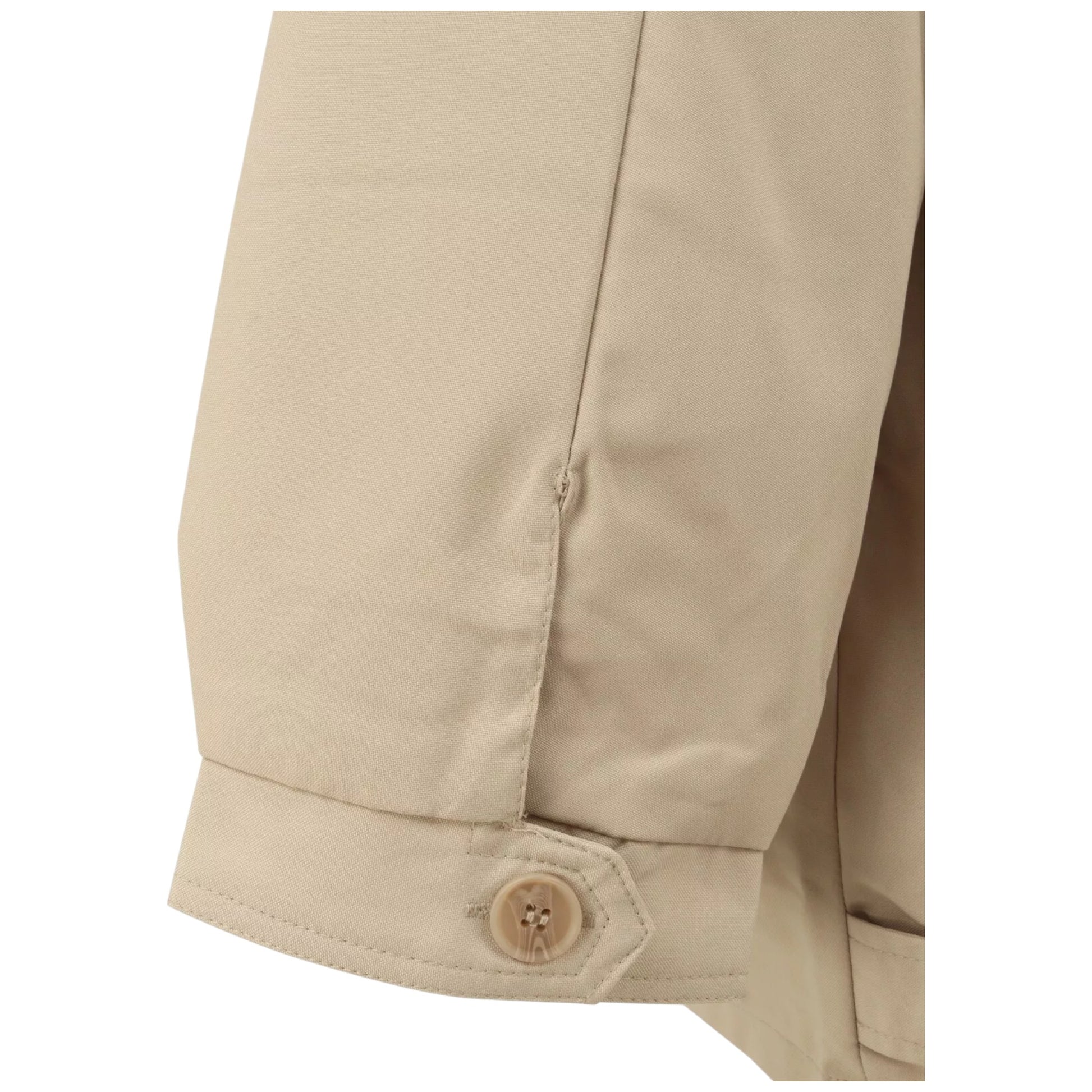 Close-up of men's plus size beige jacket cuff with button detail – durable stitching and smart finish