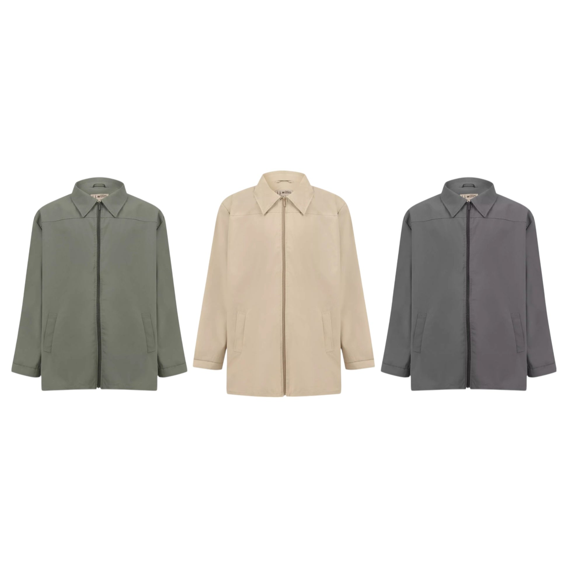 Men's plus size lightweight jackets in green, beige, and grey with zip front – ideal for spring and autumn