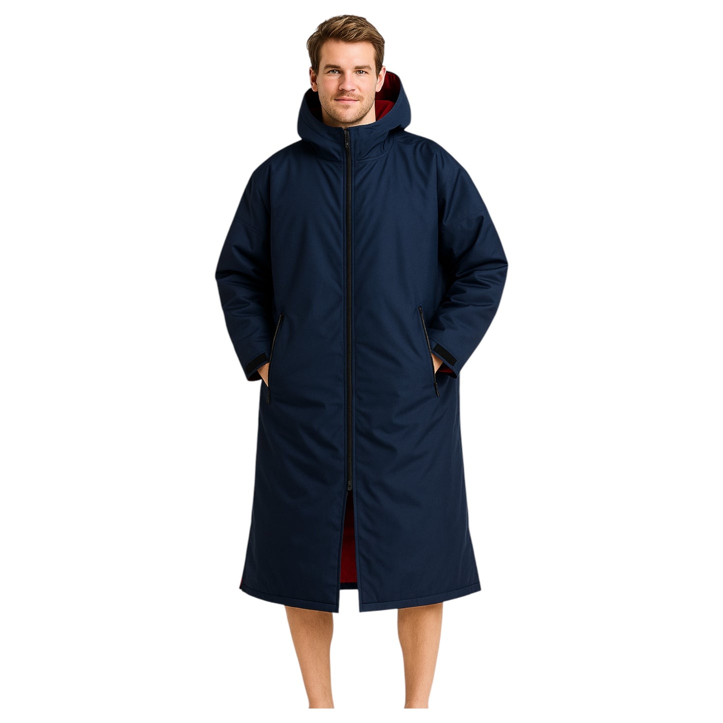 Adult navy waterproof changing robe with hood, front zip, and long sleeves