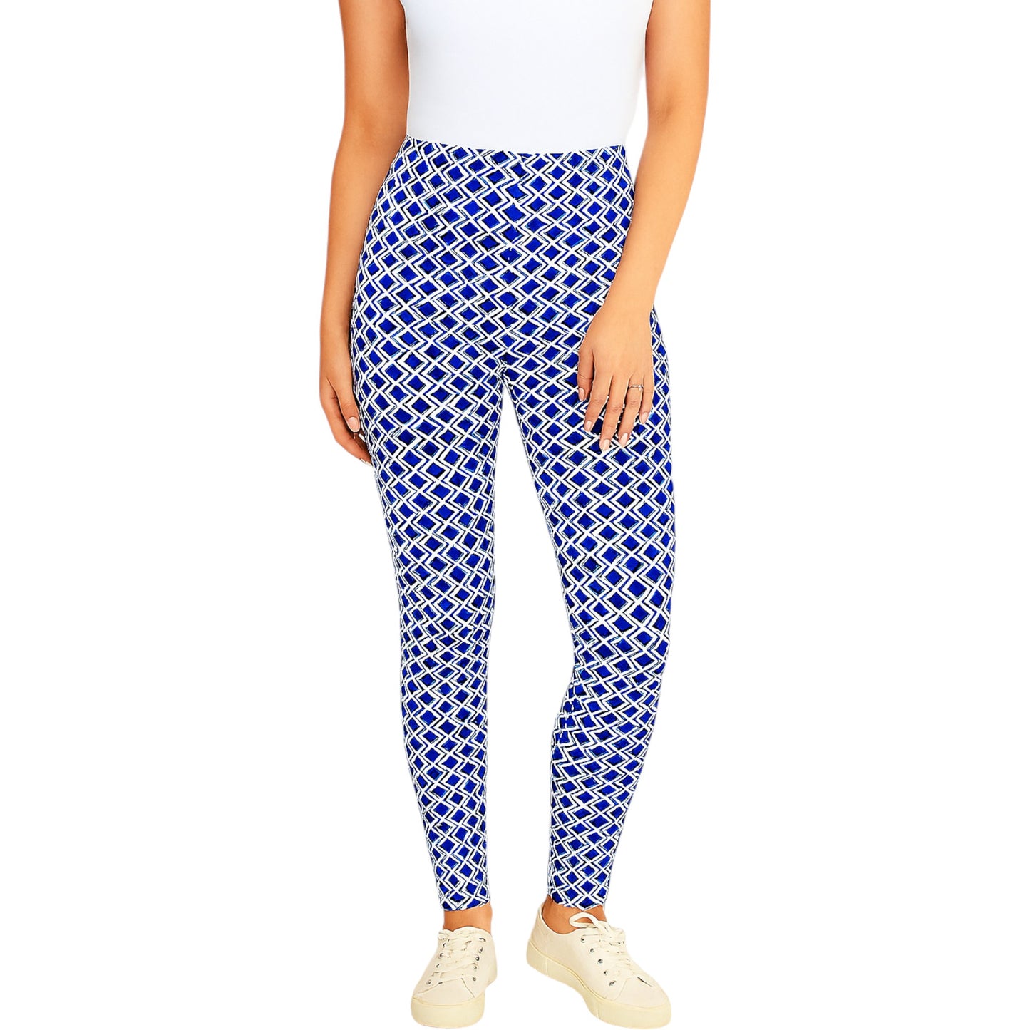 Women's blue and white geometric diamond print leggings, high-waisted, full-length