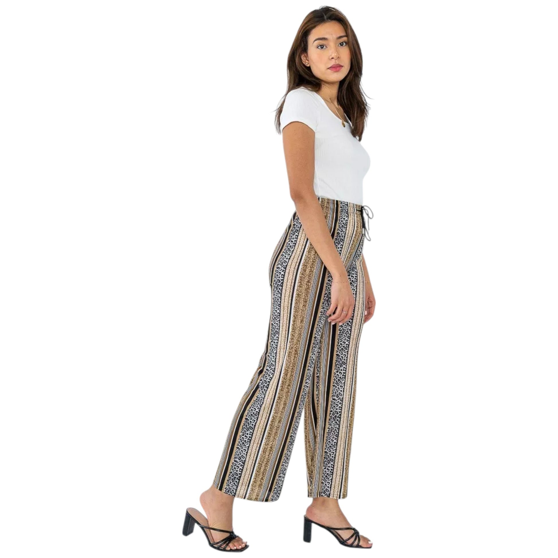 Ladies brown striped palazzo trousers with leopard print – high waist wide leg summer pants