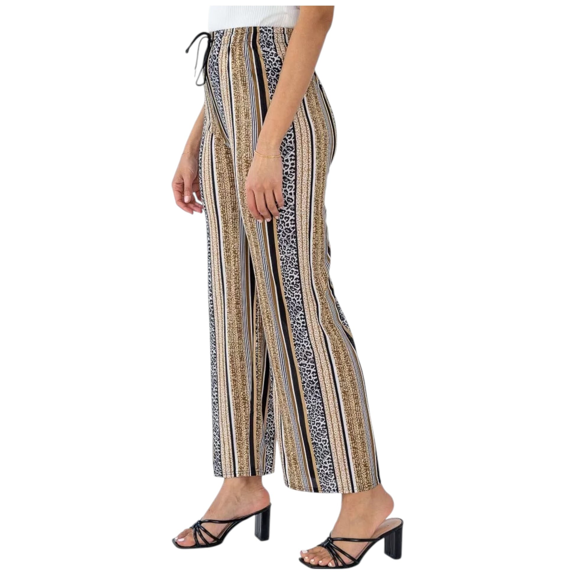 Ladies brown striped palazzo trousers with leopard print – high waist wide leg summer pants