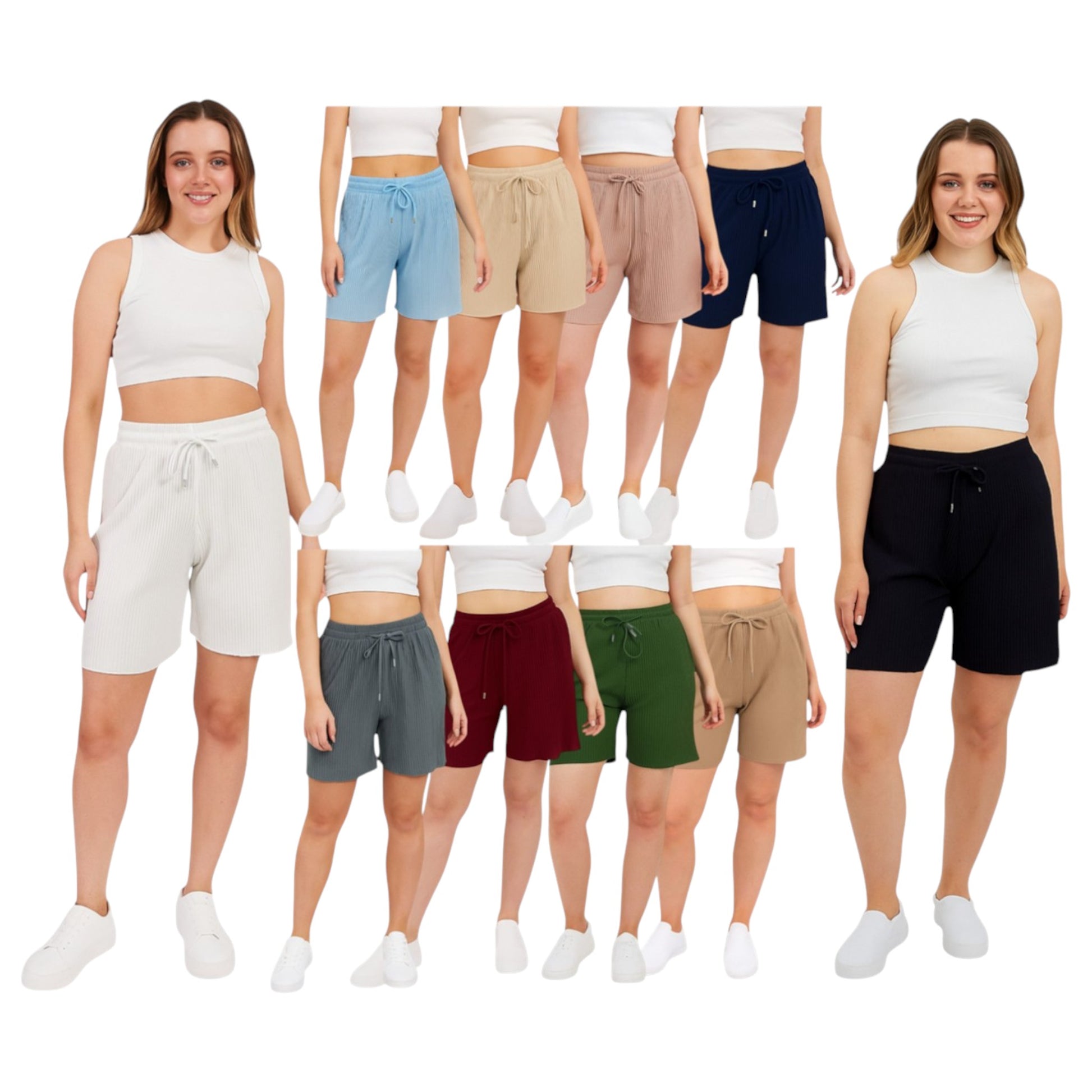 Ladies ribbed lounge shorts in multiple colours with drawstring waist – soft casual summer shorts set cover image