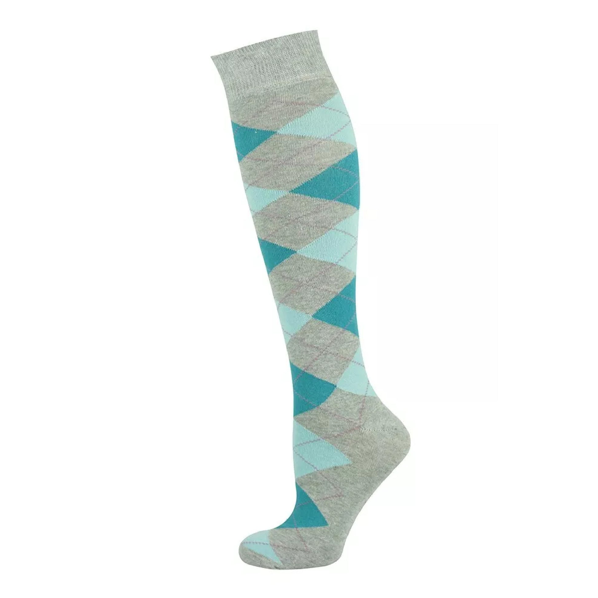 Equestrian knee-high riding socks in grey, teal, and light blue argyle pattern – breathable and comfortable fit for horse riding and everyday wear