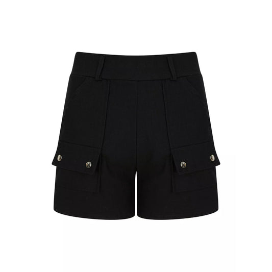 Ladies' black fashion shorts with front flap pockets and silver button detail – high-waisted smart casual summer shorts