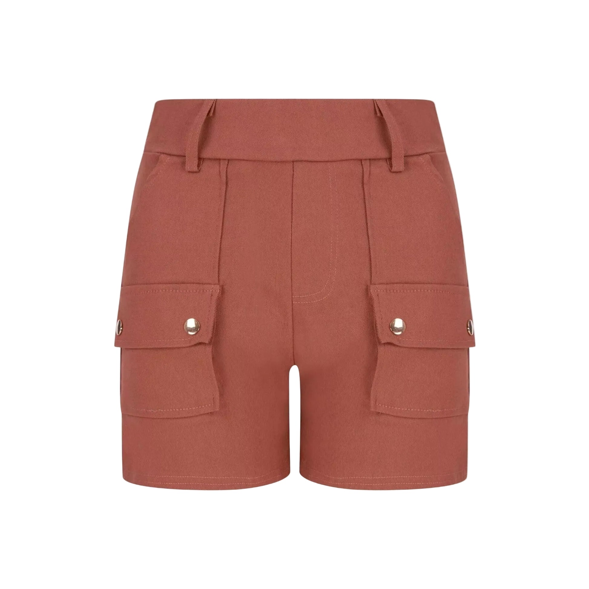 Ladies' terracotta brown fashion shorts with front flap pockets and silver button detail – high-waisted smart casual summer shorts