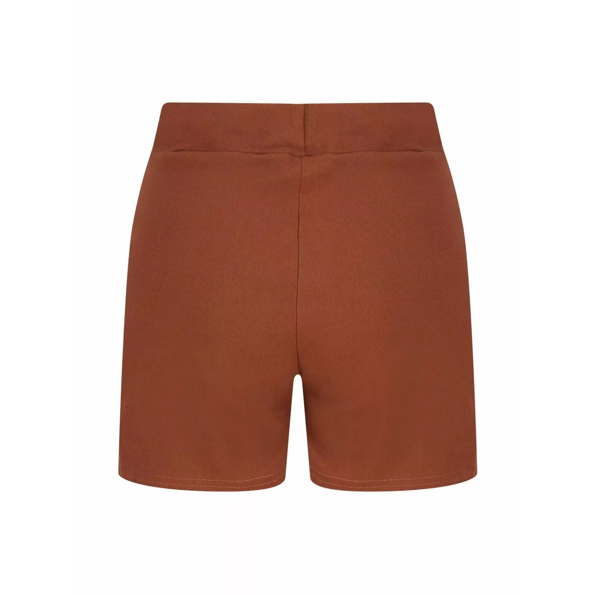 Ladies' terrecota brown fashion shorts with front flap pockets and silver button detail – high-waisted smart casual summer shorts