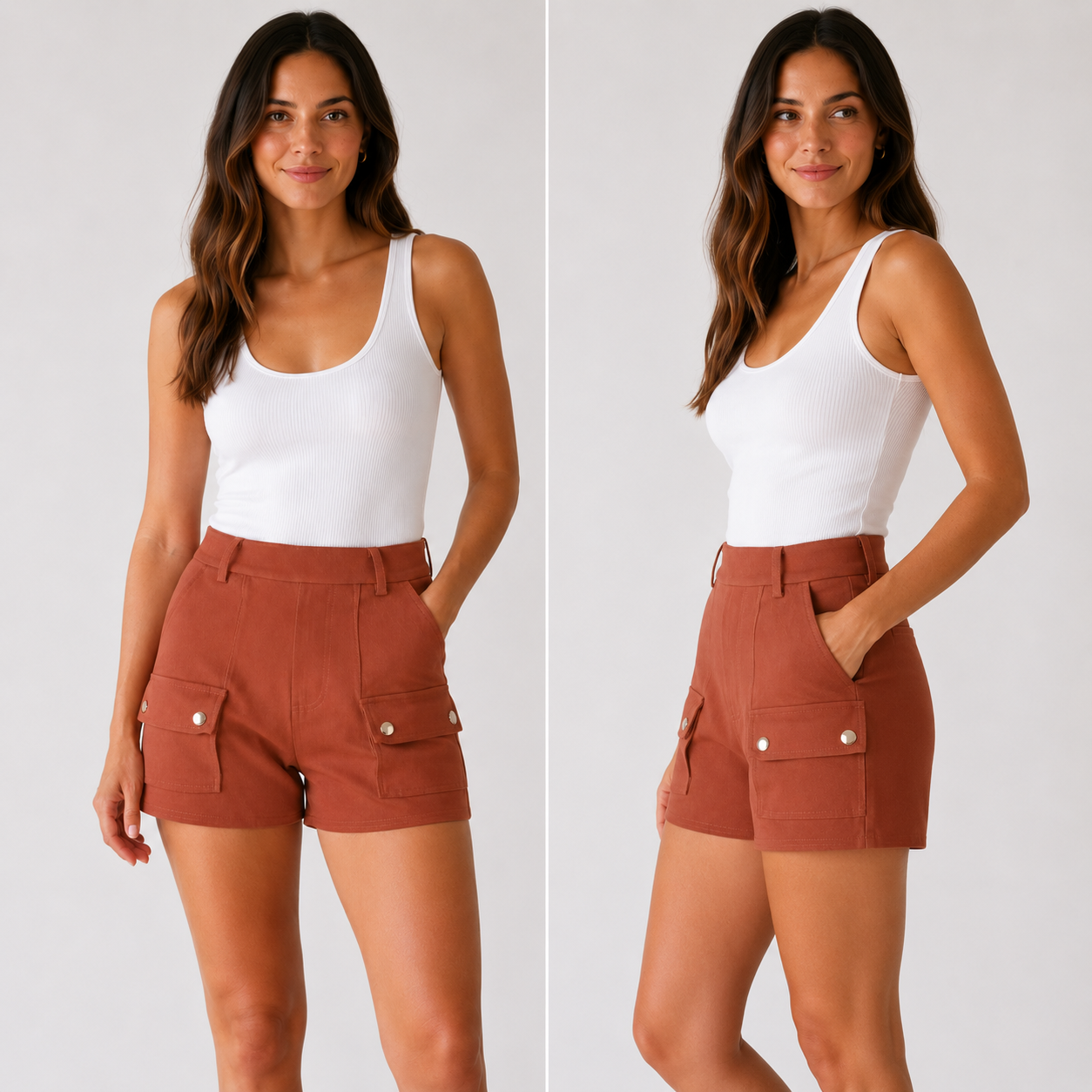 Ladies' terracotta brown fashion shorts with front flap pockets and silver button detail – high-waisted smart casual summer shorts