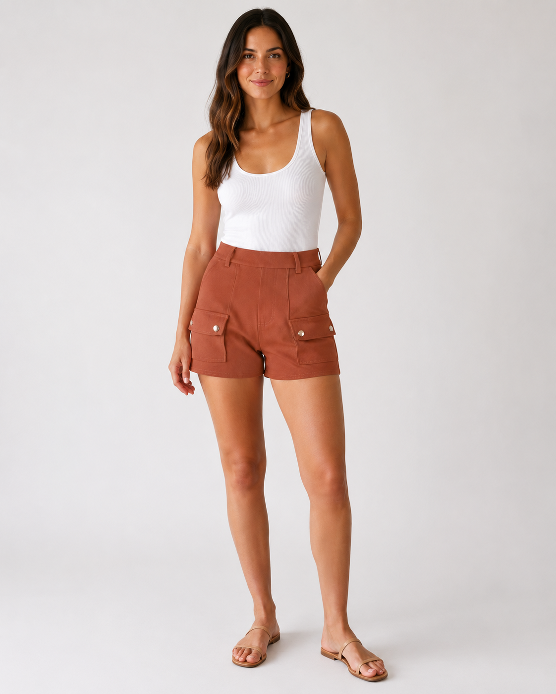 Ladies' terracotta brown fashion shorts with front flap pockets and silver button detail – high-waisted smart casual summer shorts