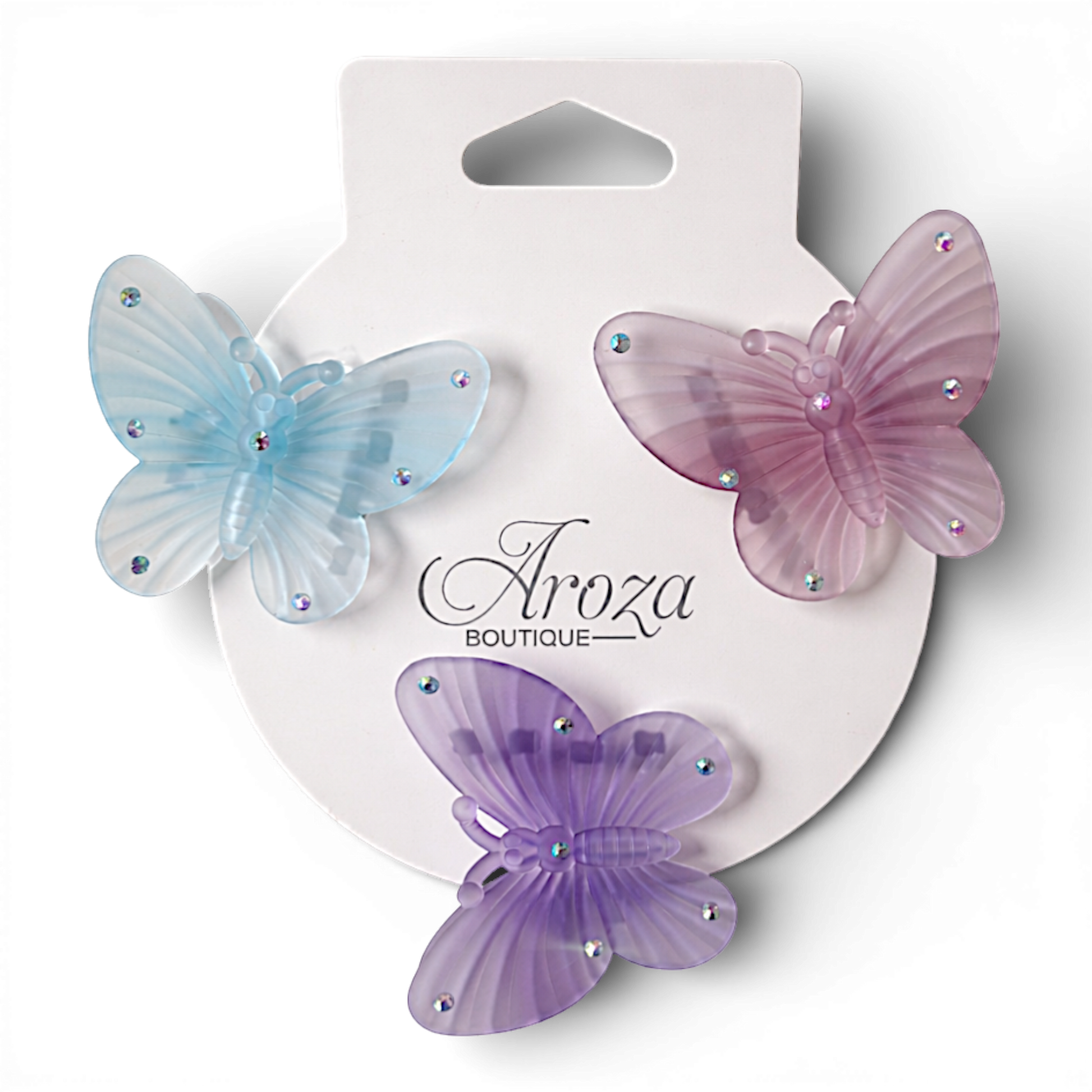 Add a soft, sparkling touch to your hairstyle with these pastel butterfly hair clips from Aroza Boutique. Designed with a frosted translucent finish and delicate rhinestone detail, they’re perfect for everyday wear or special occasions.