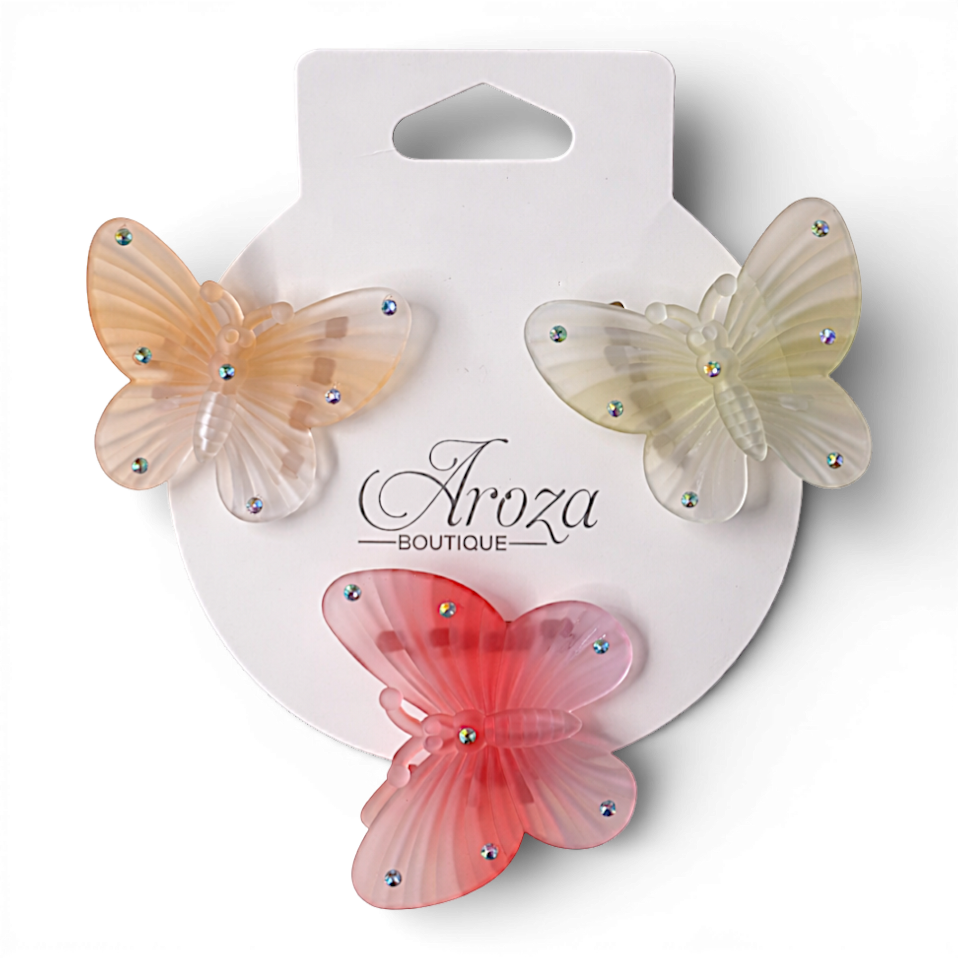 Add a soft, sparkling touch to your hairstyle with these pastel butterfly hair clips from Aroza Boutique. Designed with a frosted translucent finish and delicate rhinestone detail, they’re perfect for everyday wear or special occasions.