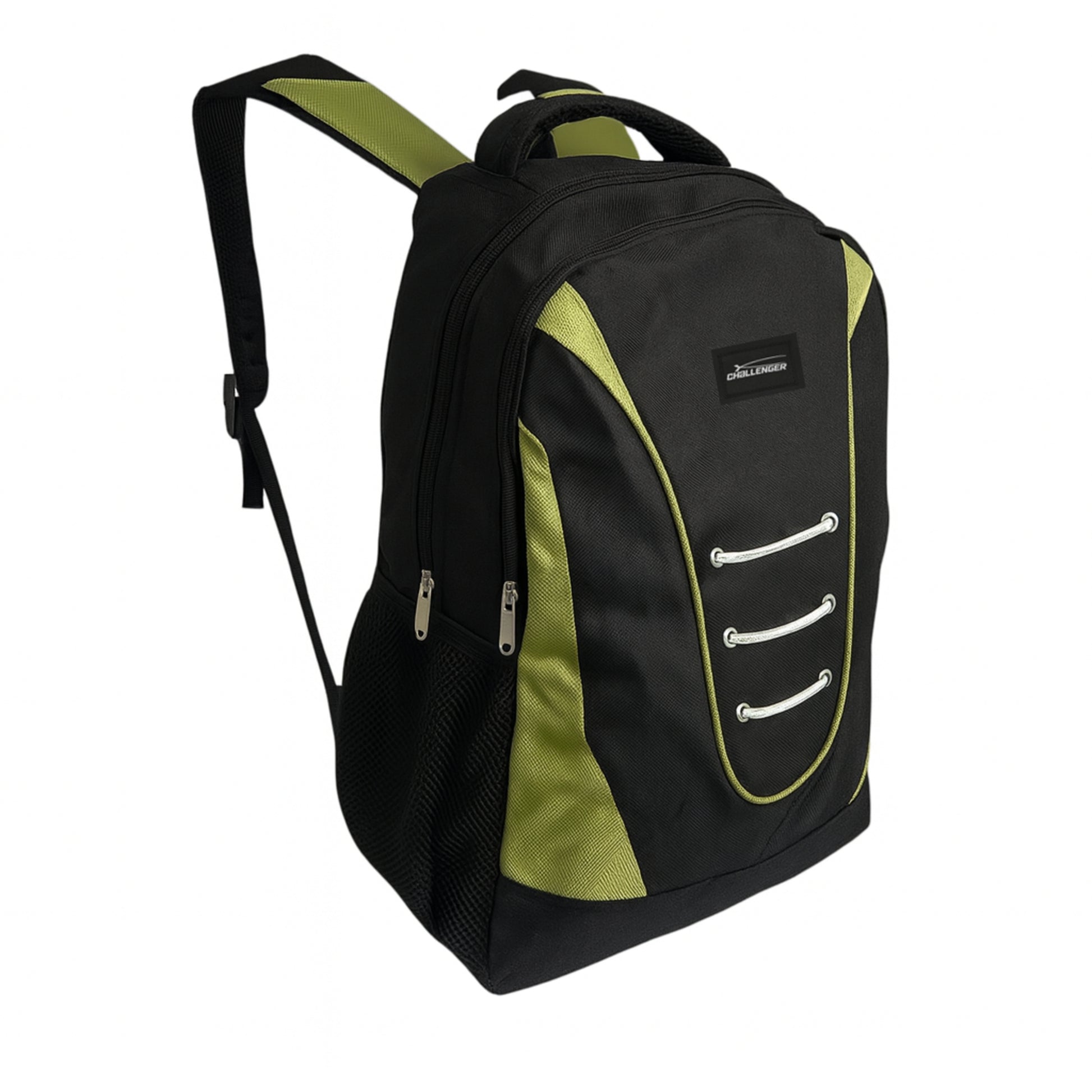 Black and green Everyday Challenger dual compartment backpack with padded shoulder straps, side mesh pockets, and durable water-resistant fabric – ideal for school, work, or travel.