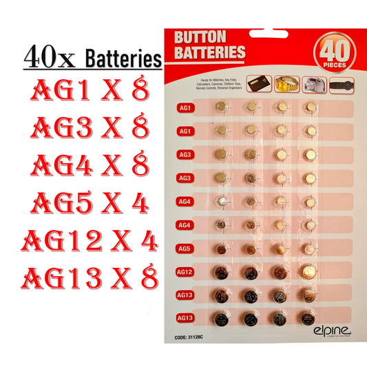 40 pack mixed button cell batteries by Elpine – AG1, AG3, AG4, AG5, AG12, AG13 – ideal for watches, toys, calculators, key fobs, and small electronics
