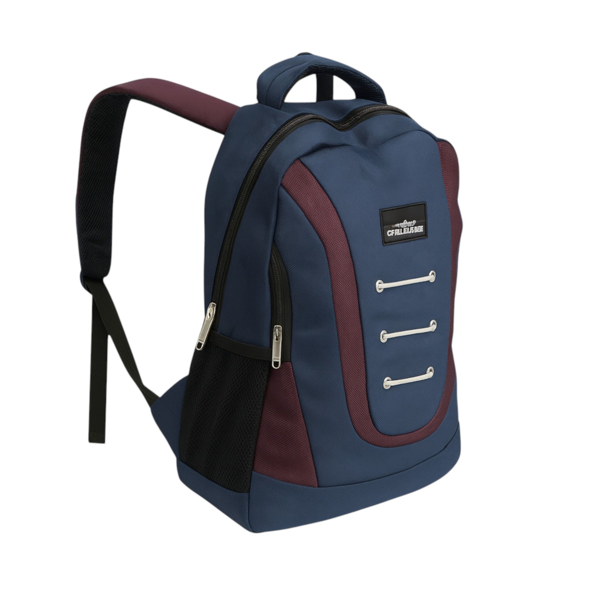 Navy and purple Everyday Challenger dual compartment backpack with padded shoulder straps, side mesh pockets, and durable water-resistant fabric – ideal for school, work, or travel.