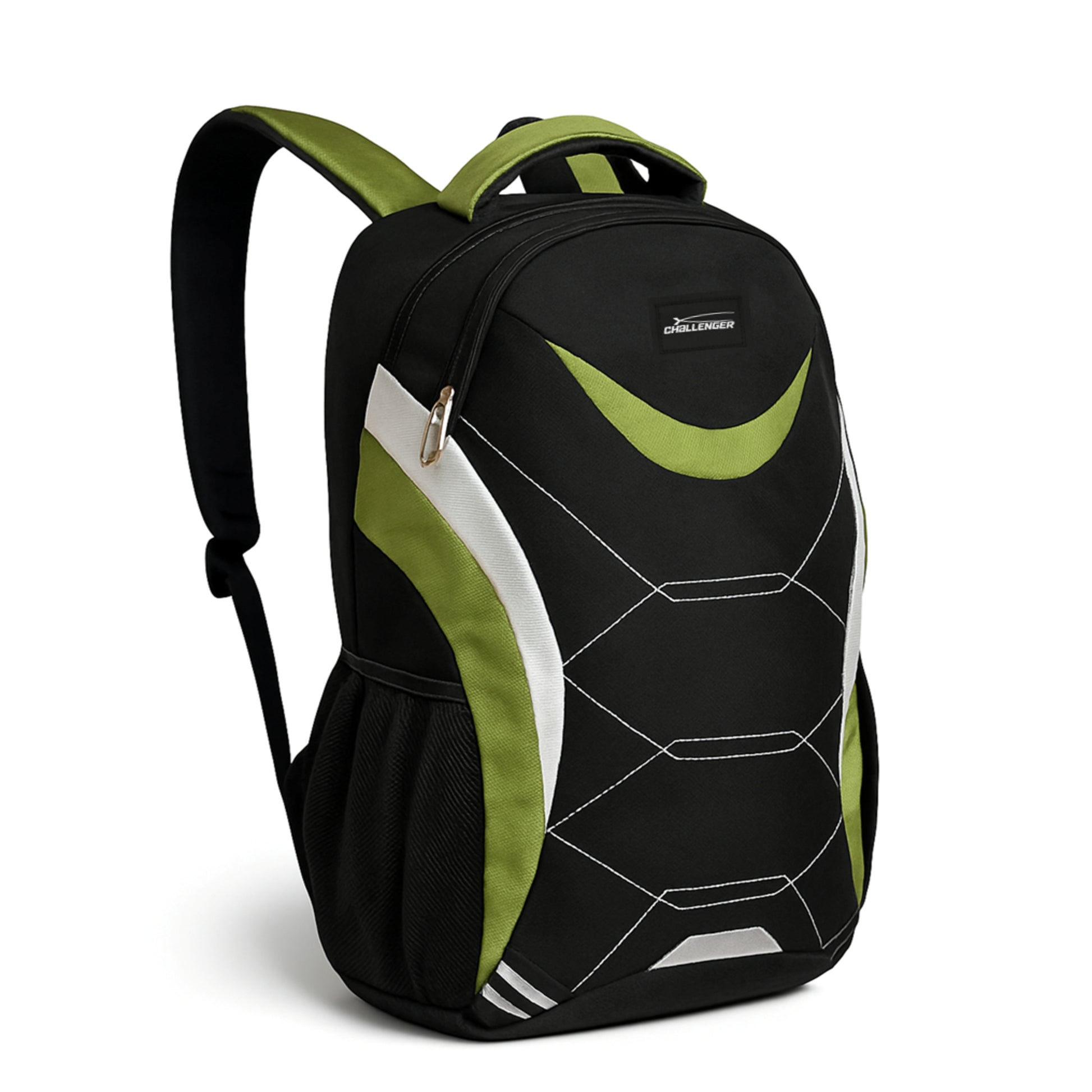 green and black Challenger dual compartment backpack with white detailing, padded shoulder straps, and side mesh pockets – ideal for school, work, or travel.