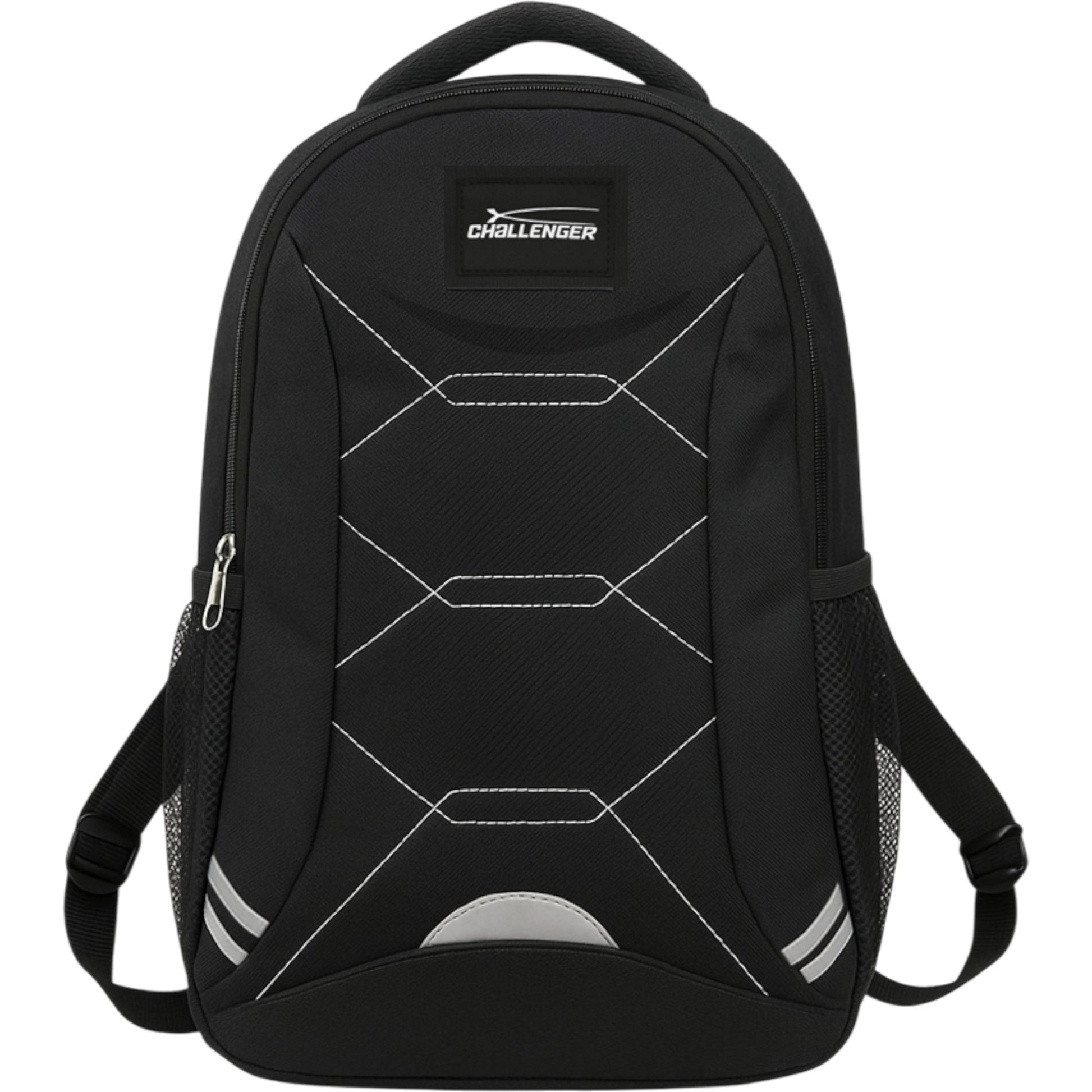Black Challenger dual compartment backpack with white detailing, padded shoulder straps, and side mesh pockets – ideal for school, work, or travel.