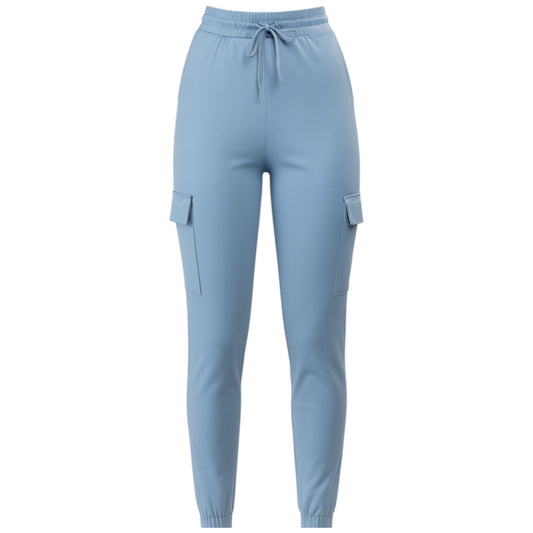 Women's baby blue cargo joggers pants trousers with elastic waistband, drawstring, and side flap pockets