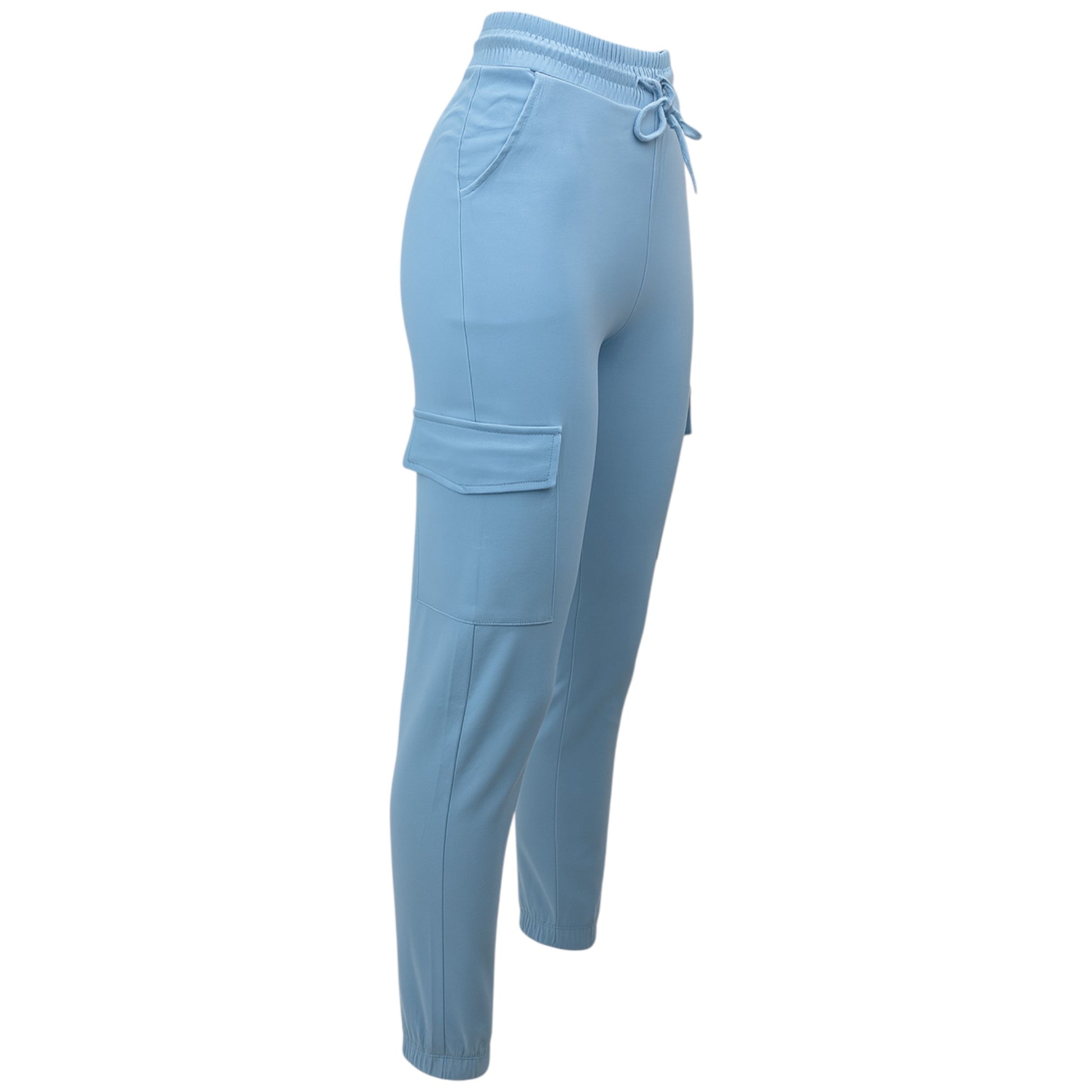 Women's baby blue cargo joggers pants trousers with elastic waistband, drawstring, and side flap pockets