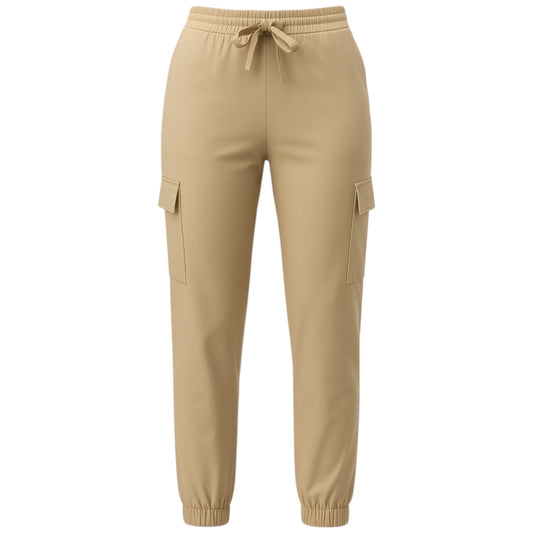Women's beige cargo joggers pants trousers with elastic waistband, drawstring, and side flap pockets