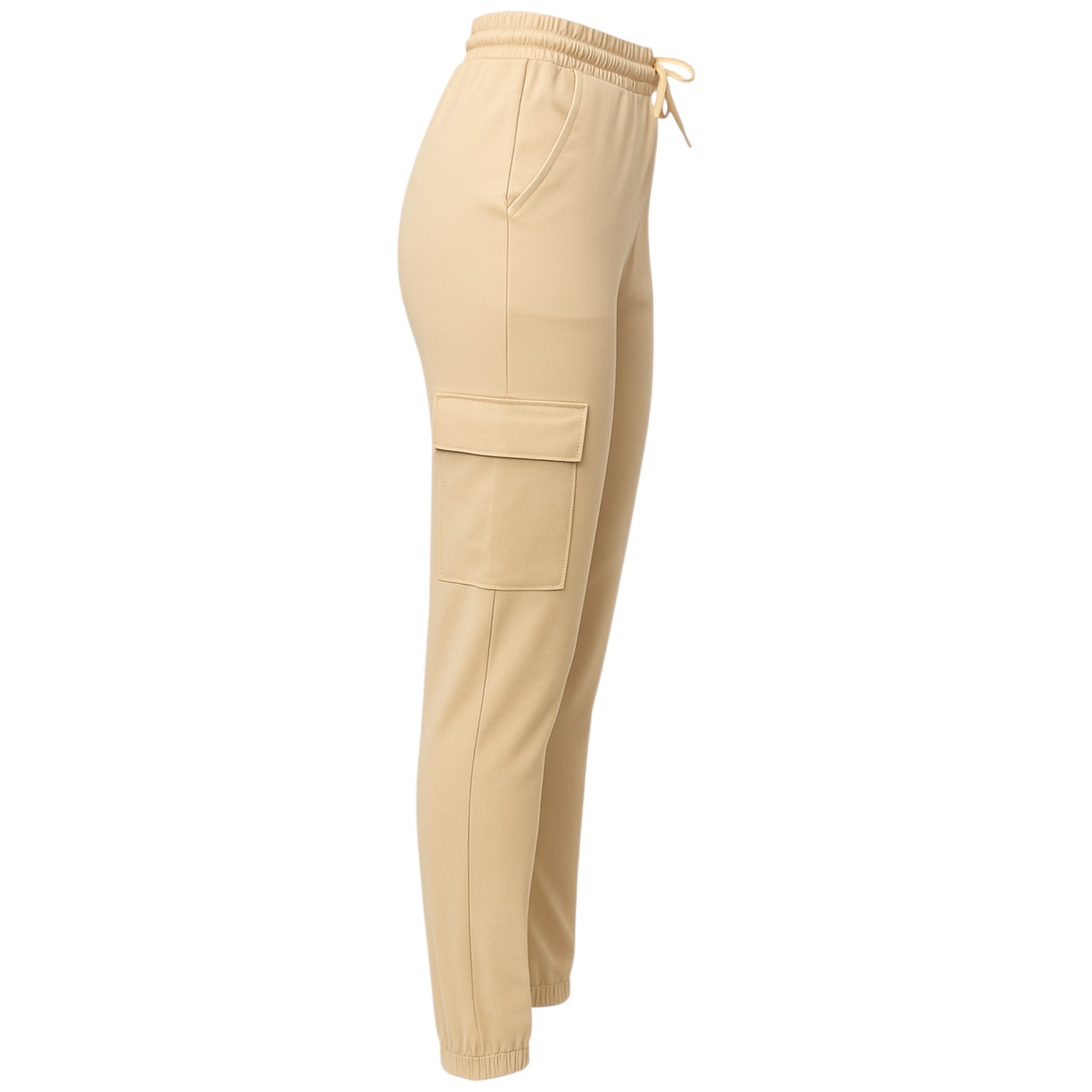 Women's beige cargo joggers pants trousers with elastic waistband, drawstring, and side flap pockets