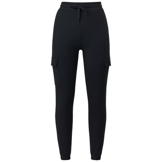 Women's black cargo joggers pants trousers with elastic waistband, drawstring, and side flap pockets