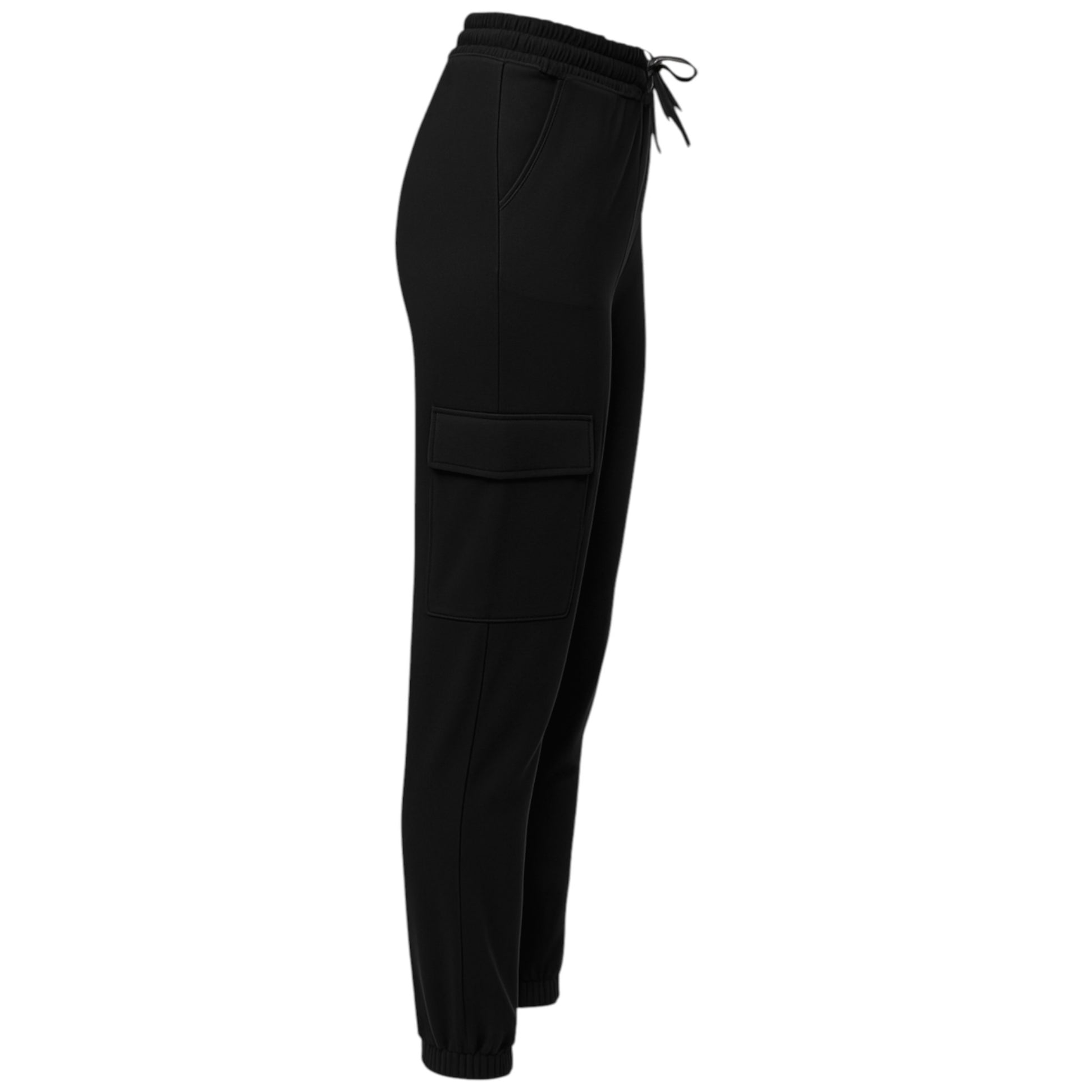 Women's black cargo joggers pants trousers with elastic waistband, drawstring, and side flap pockets