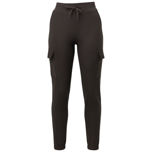 Women's brown cargo joggers pants trousers with elastic waistband, drawstring, and side flap pockets