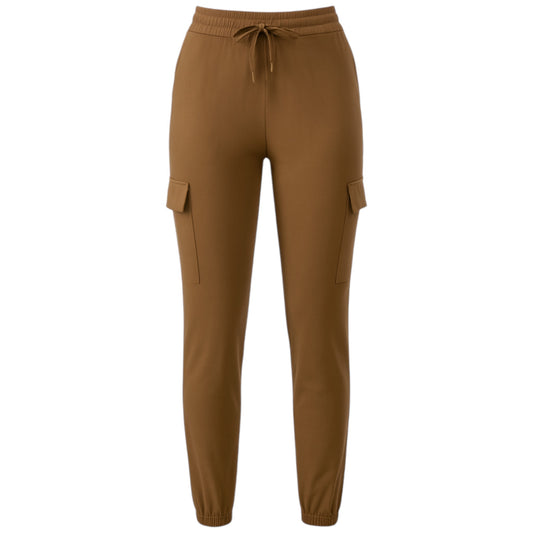 Women's camel cargo joggers pants trousers with elastic waistband, drawstring, and side flap pockets