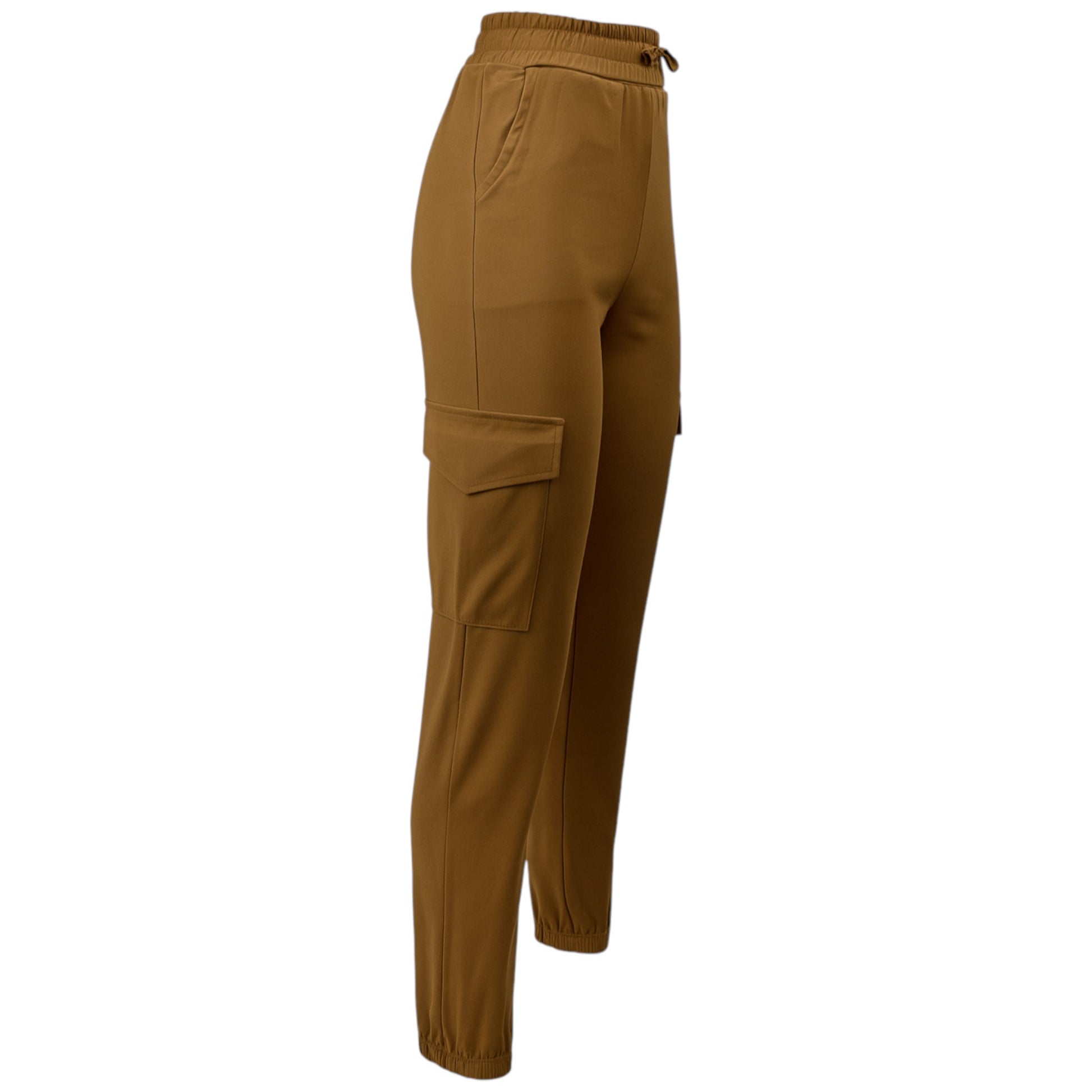 Women's camel cargo joggers pants trousers with elastic waistband, drawstring, and side flap pockets
