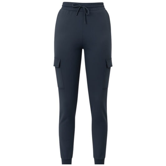 Women's charcoal cargo joggers pants trousers with elastic waistband, drawstring, and side flap pockets