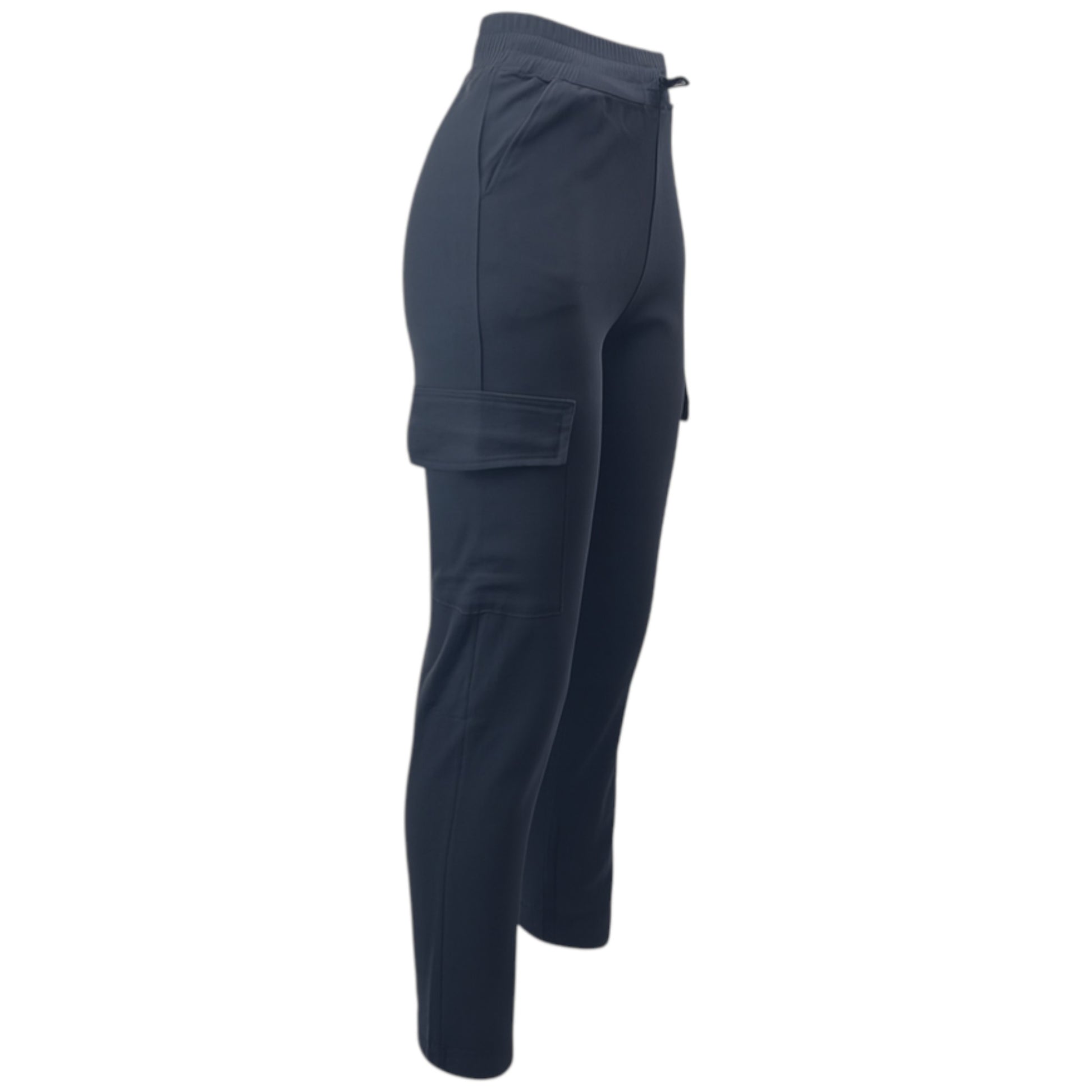 Women's charcoal cargo joggers pants trousers with elastic waistband, drawstring, and side flap pockets