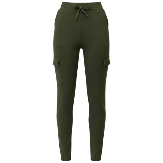 Women's khaki cargo joggers pants trousers with elastic waistband, drawstring, and side flap pockets