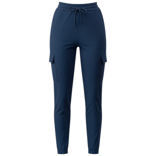 Women's navy cargo joggers pants trousers with elastic waistband, drawstring, and side flap pockets