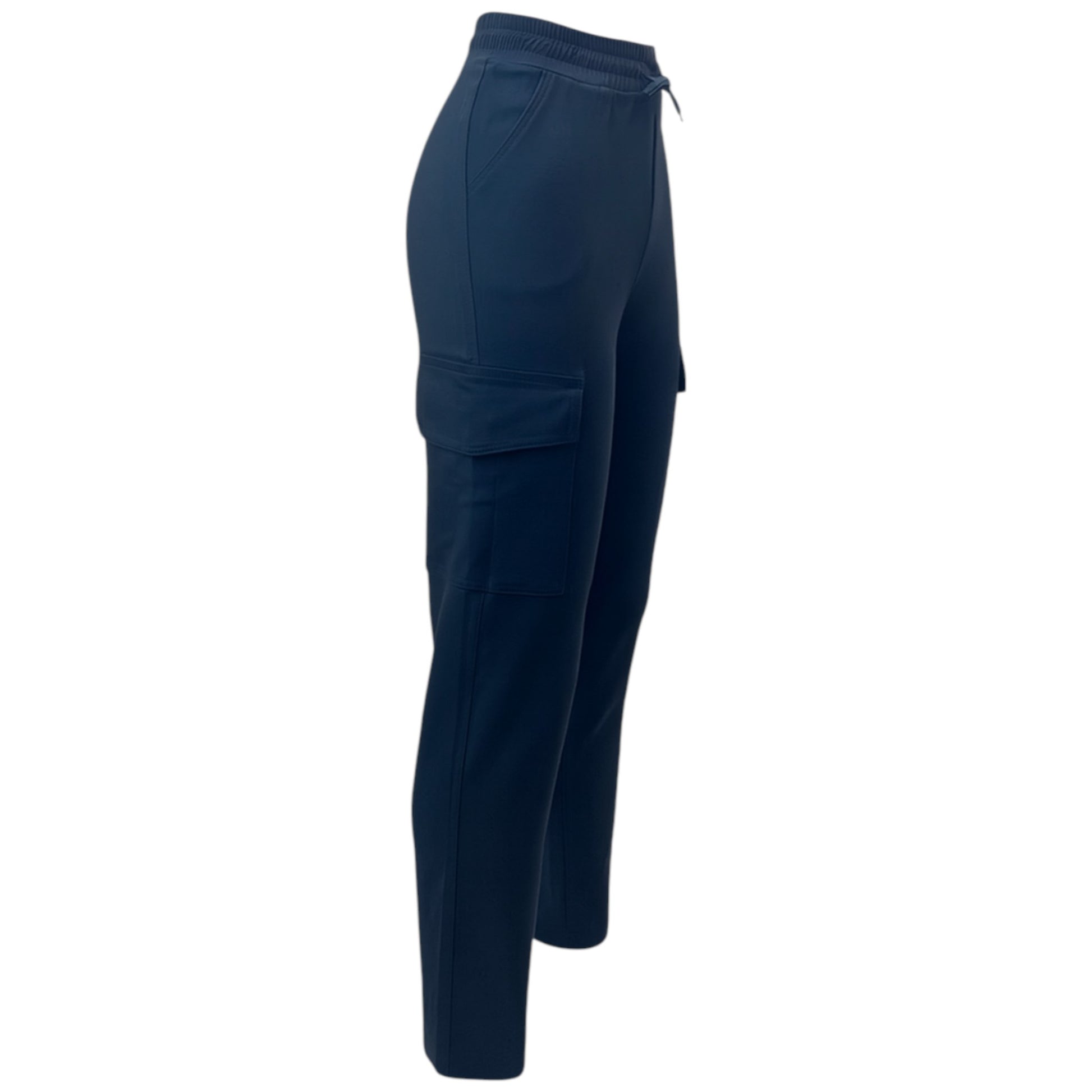 Women's navy cargo joggers pants trousers with elastic waistband, drawstring, and side flap pockets