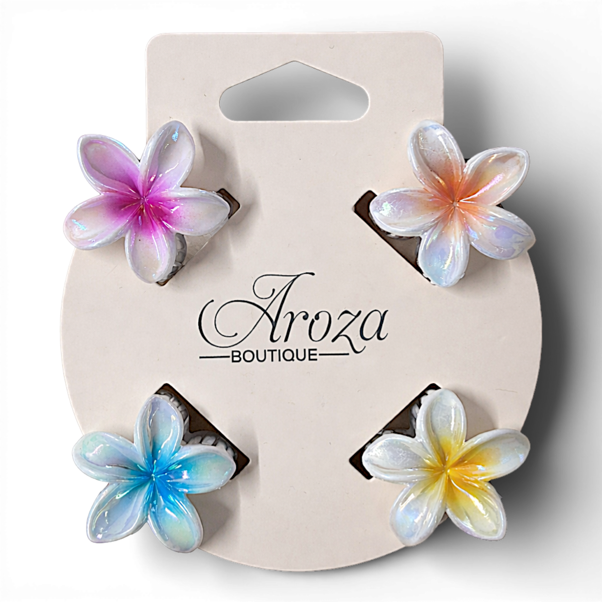 Bring a soft, tropical vibe to your look with these glossy pastel flower clips. Lightweight, secure, and effortlessly pretty — perfect for everyday styling or special occasions.