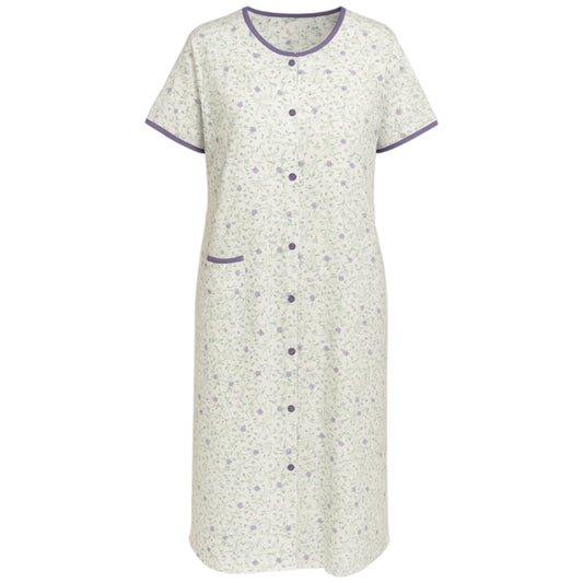Ladies floral vine button front nightdress – short sleeve, lightweight cotton nightie with purple trim and front pocket, comfortable sleepwear