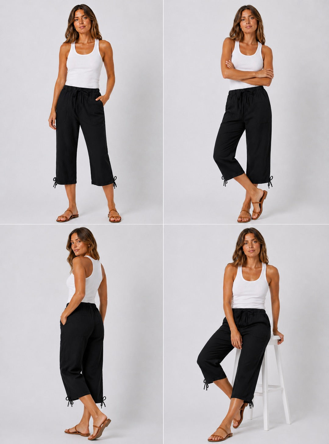 Ladies black 3/4 length pedal pusher shorts with drawstring waist and pockets