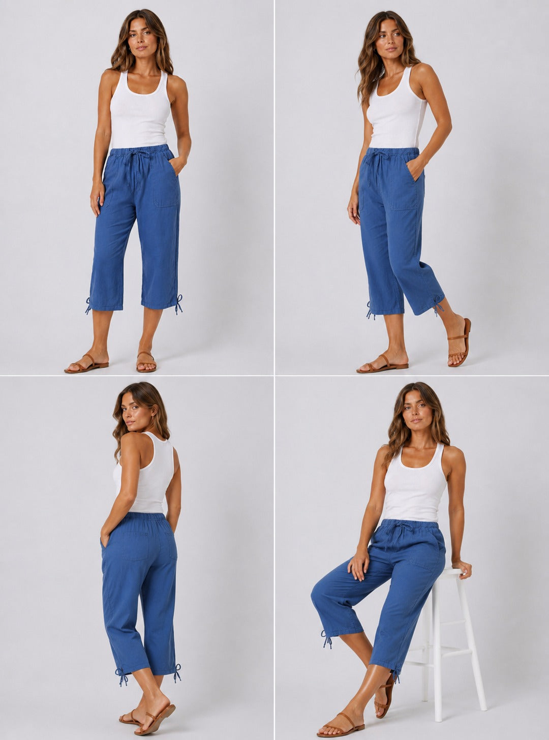 Ladies blue 3/4 length pedal pusher shorts with drawstring waist and pockets