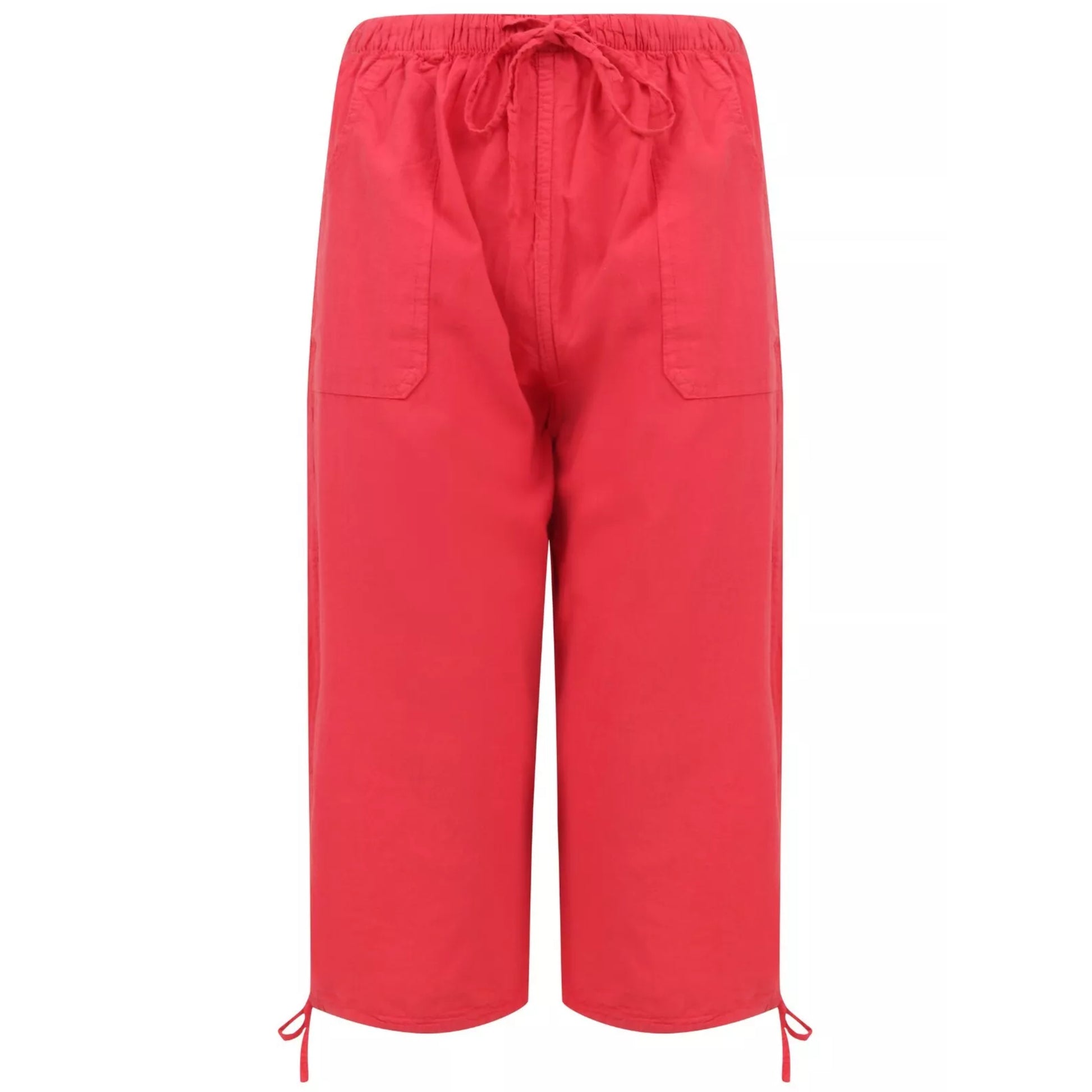 Ladies red 3/4 length pedal pusher shorts with drawstring waist and pockets
