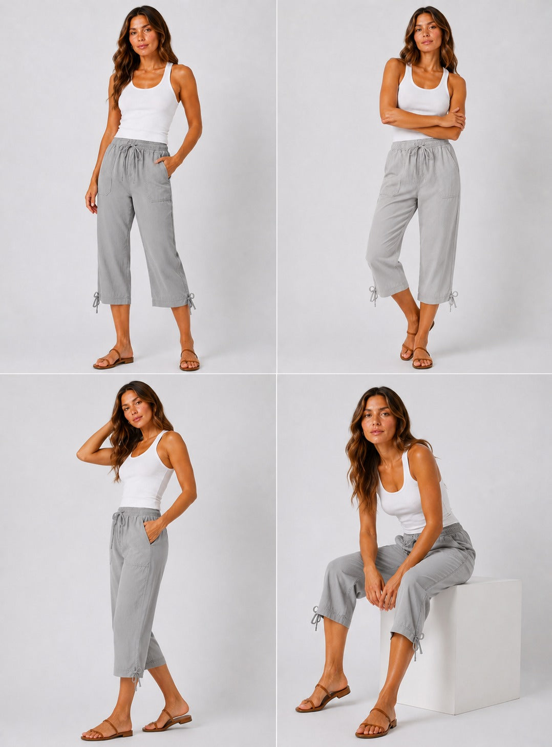 Ladies grey 3/4 length pedal pusher shorts with drawstring waist and pockets