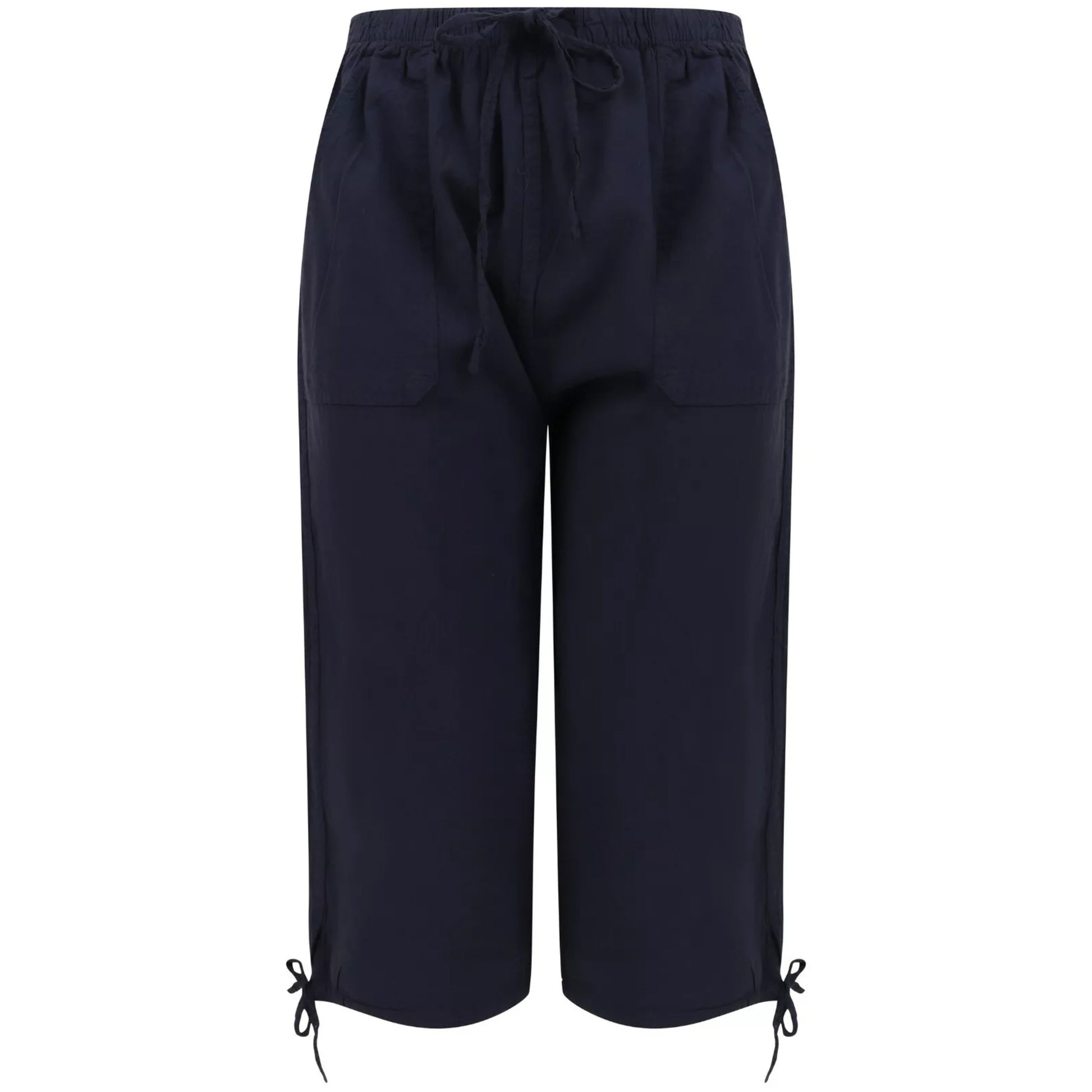 Ladies navy 3/4 length pedal pusher shorts with drawstring waist and pockets