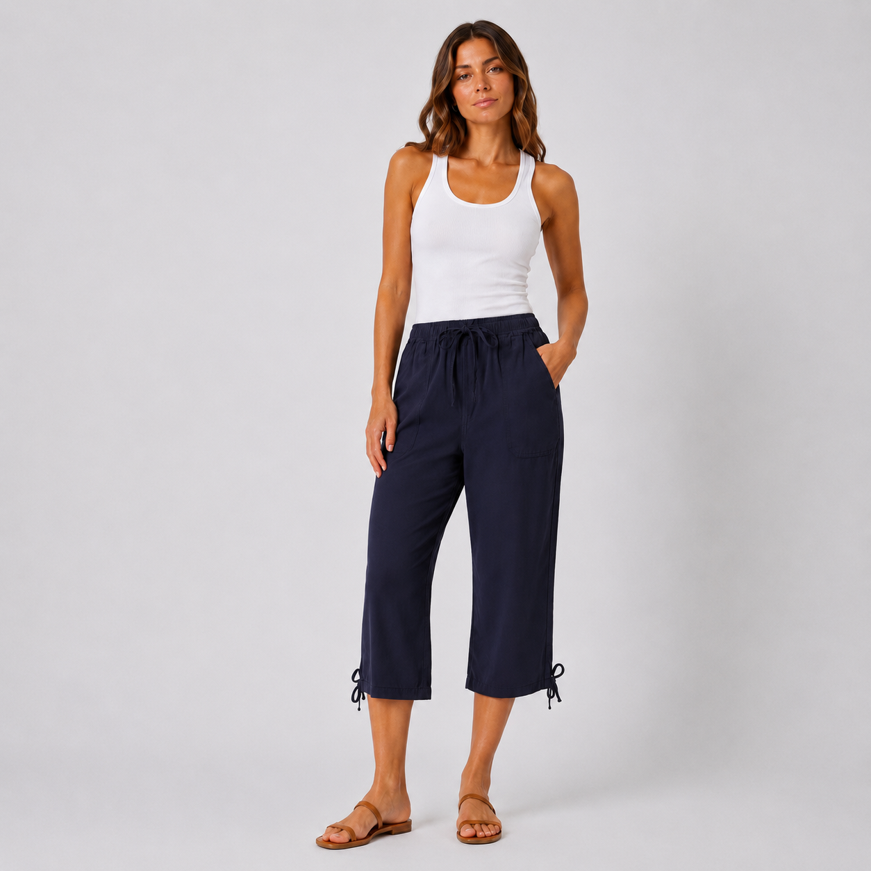 Ladies navy 3/4 length pedal pusher shorts with drawstring waist and pockets