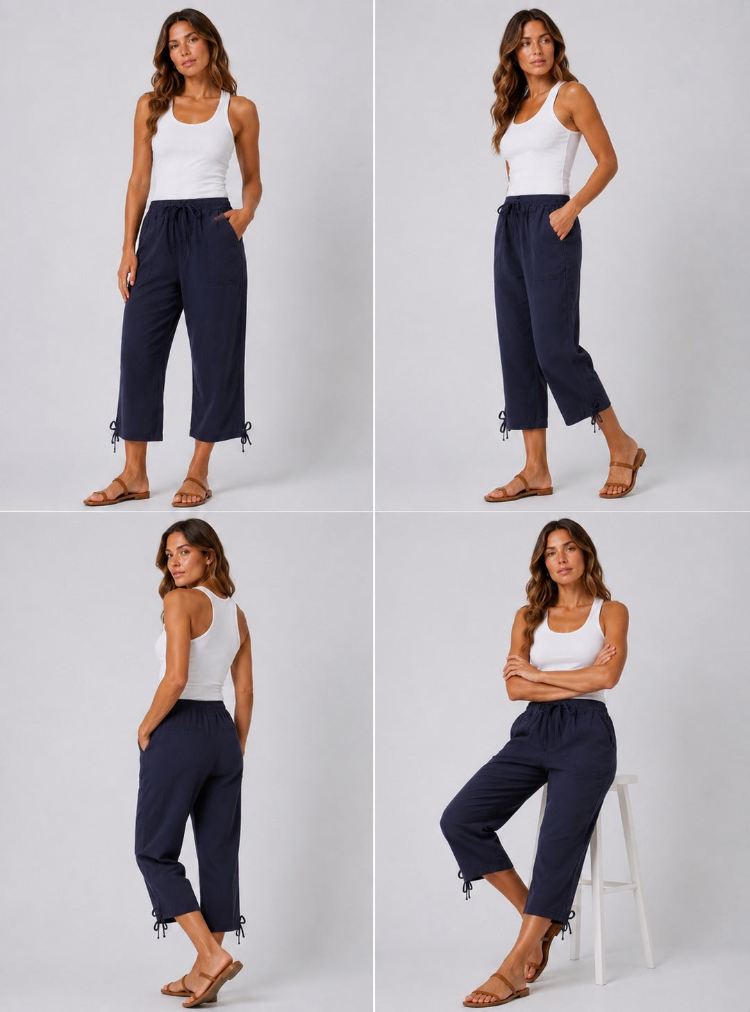 Ladies navy 3/4 length pedal pusher shorts with drawstring waist and pockets
